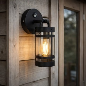 Candeeiro de parede exterior preto IP44 com sensor de movimento - Ruben