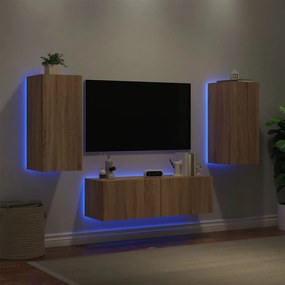 3 pcs móveis de parede para TV com luzes LED carvalho sonoma