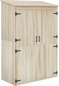 Armário de jardim, armário de arrumação em madeira, 2 prateleiras, 2 portas, telhado inclinado, 120 x 57 x 183 cm, madeira natural