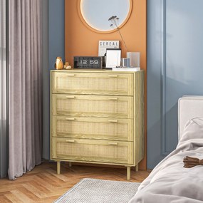 Cómoda com 4 gavetas 90 x 45 x 108,5, móvel de arrumação com frente em rattan trançado, estilo boémio acabamento em madeira clara