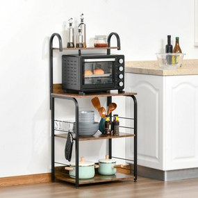 Estante de Cozinha Estante para Microondas com 4 Níveis Ganchos e Pés Ajustáveis Estante de Armazenamento 60x40x125 cm Castanho Rústico