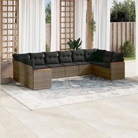 10 pcs conjunto sofás de jardim c/ almofadões vime PE cinzento