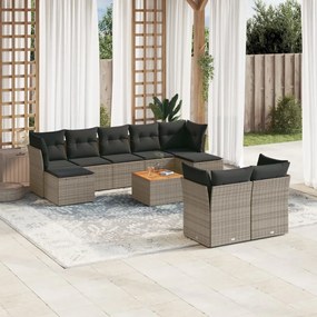 10 pcs conjunto sofás de jardim c/ almofadões vime PE cinzento