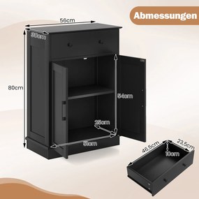 Armário casa de banho com gaveta, portas e prateleira ajustáve 56 x 30 x 80 cm preto