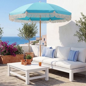 Guarda-sol de praia grande, 173 cm, mastro de madeira, 8 varas de fibra de vidro, inclinável, com borlas, para exterior e jardim, azul