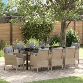 vidaXL Conjunto de Jantar de Jardim de 9 Peças com Almofadas Bege em Vime Poliéster
