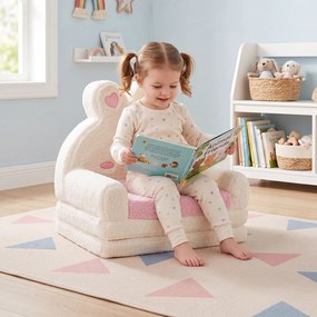 Sofá Infantil de Coelho 2 em 1, 57 x 44 x 54 cm, Convertível em Colchonete, Rosa