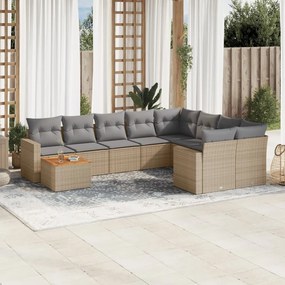 10 pcs conj. sofás jardim c/ almofadões vime PE bege misturado