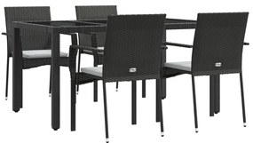 5 pcs conjunto de jantar p/ jardim c/ almofadões vime PE preto