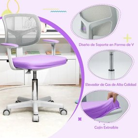 Cadeira de secretária ergonómica para crianças com rodas Apoio lombar ajustável em altura púrpura