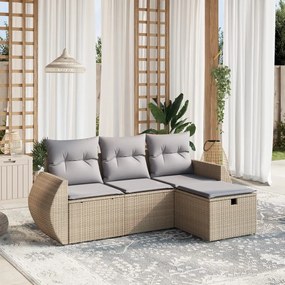 4 pcs conj. sofás jardim c/ almofadões vime PE bege misturado