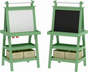 AIYAPLAY Cavalete de Pintura Infantil 3 em 1 Quadro Dupla Face com Rolo de Papel e Cestos de Arrumação Verde | Aosom Portugal