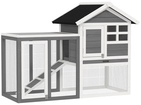 PawHut Coelheira de Madeira Exterior de 2 Níveis com Zona Aberta Teto Asfáltico Bandeja Removível e Rampa 122x62,6x92 cm Cinzento | Aosom Portugal