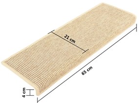 Tapetes escada adesivos aspeto sisal 15pcs 65x21x4cm bege-claro