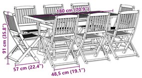 9 pcs conj. de jantar para jardim 180x90x75 cm acácia maciça