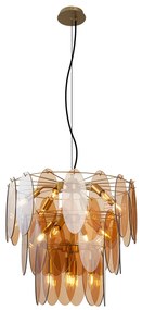 Candeeiro suspenso Art Déco dourado com vidro âmbar oval 14 luzes - Mochan Art Deco