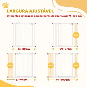 Barreira de Segurança para Cães 74-100 cm com Extensões, Montagem por Pressão e Duplo Bloqueio, Branco