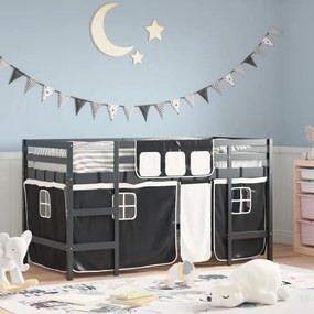 Cama alta criança c/ cortina 90x200cm pinho maciço branco/preto