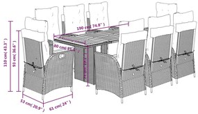 9 pcs conjunto de jantar p/ jardim c/ almofadões vime PE preto