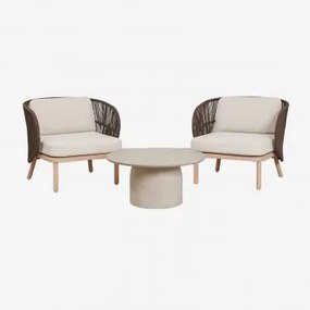 Conjunto De Jardim Com 2 Poltronas Em Corda Trançada Capri E Mesa De Centro Redonda Ø75 Cm Em Cimento Layana Castanho Chocolate - Sklum
