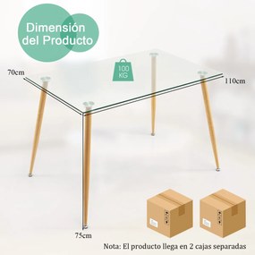 Mesa de jantar de vidro moderna com almofadas ajustáveis ​​para casa, cozinha e escritório 110 x 70 x 75 cm