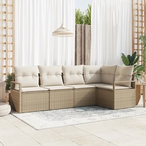 Conjunto de Sofá de Jardim vidaXL de 5 Peças com Almofadas Bege Rattan Poliéster