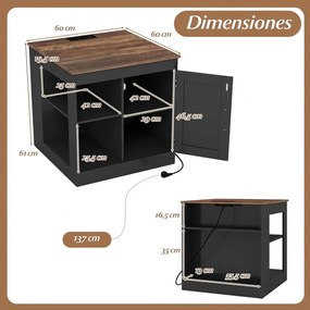 Mesa apoio, mesa cabeçeira Rústica 60 x 60 x 61 cm com Estação de Carregamento, com Porta Deslizante para Quarto e Sala Preto + Natural