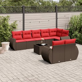 vidaXL 9 pcs conjunto sofás p/ jardim c/ almofadões vime PE castanho