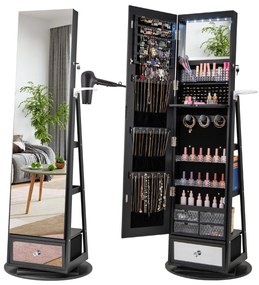 Armário para joias giratório em 360° com espelho, luzes LED, fechadura e prateleira traseira preta