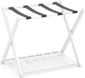 Estante dobrável de metal para bagagens até 60 kg com 4 correias estáveis e design de 2 andares para casa e hotel Branco