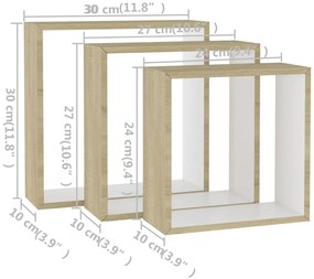 Prateleiras parede forma de cubo 3pcs cm branco/carvalho sonoma