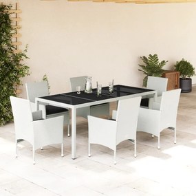 vidaXL 7 pcs conjunto jantar jardim c/ almofadões vime PE/vidro branco