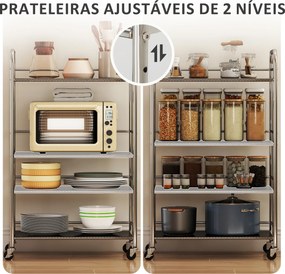 Carrinho Cozinha Auxiliar com Rodas de Aço Inoxidável de 4 Níveis com Prateleira Ajustável 2 Rodas com Travão 60x35x100 cm  Prateado