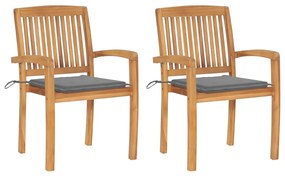 vidaXL Cadeiras de jardim c/ almofadões cinzentos 2 pcs teca maciça