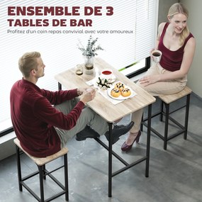 Conjunto de mesa de bar com 2 bancos, estrutura em aço para cozinha, sala de jantar e sala de estar, com efeito de madeira natural