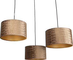 Candeeiro suspenso preto com abajur de crocodilo e interior dourado 35cm 3-luzes - Cava