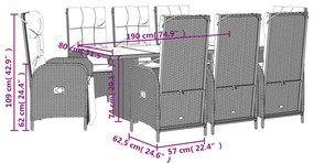 9 pcs conjunto de jantar p/ jardim c/ almofadões vime PE preto