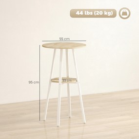Mesa Alta de Cozinha Redonda com Prateleira de Armazenamento  para 2 Pessoas com Estrutura de Metal 55x55x95 cm Madeira e Branco