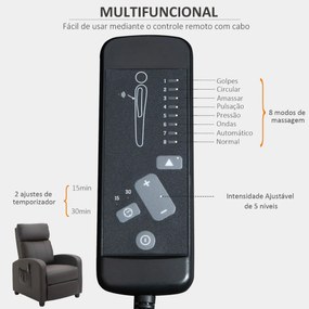 Poltrona de Massagem Poltrona Relax Reinclinável com Controle Remoto 2 Zonas de Massagem 8 Programas 5 Níveis de Intensidade Estofado em PU 68x88x98cm