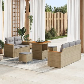 Conjunto de Sofá de Jardim com 8 Peças e Almofadas em Vime Bege e Acácia