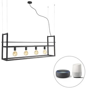 LED Candeeiro de suspensão inteligente preto com prateleira grande 4 luzes incl. Wifi G95 - Cage Rack Industrial