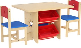 Mesa infantil com 2 cadeiras – conjunto de 3 peças em madeira com 4 caixas de arrumação em madeira natural