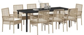 Conjunto de Jantar de 9 Peças com Almofadas Bege de Polirattan