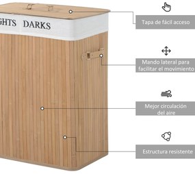 HOMCOM Cesto para Roupa Suja de Bambú Capacidade de 100L Cesta para Ro