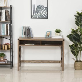 Secretária de design industrial com tampo grande, 2 compartimentos abertos metálicos pretos e painéis de aglomerado com imitação de madeira com veios