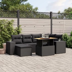 7 pcs conjunto de sofás p/ jardim c/ almofadões vime PE preto