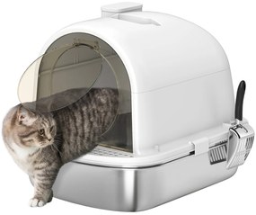 PawHut Caixa de Areia para Gatos em Aço Inoxidável com Tampa Caixa de Areia com Bolsa Desodorizante e Pá Fácil de Limpar 52,4x41,3x39,9 cm Branco