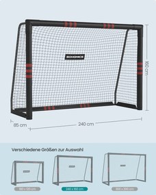 Baliza de futebol em tubo de aço com rede em PE para exterior, 85 × 240 × 160 cm, preta