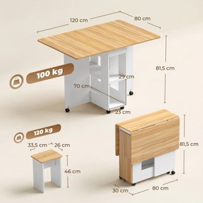 Conjunto de Mesa de Jantar Dobrável com 4 Bancos Ocultos, 2 Abas Rebatíveis, Rodas e Prateleiras, cor Carvalho