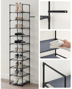 Sapateira de 10 níveis 33 x 33 x 173 cm com prateleiras cinzento